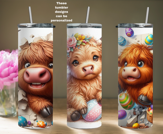Easter Highland Cow 20oz Skinny Tumbler Personalized
